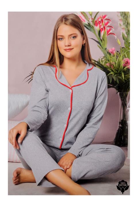 Ercan Kadın Önden Düğmeli Uzun Kol Kışlık Pijama Takımı 3002