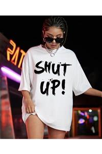 AFROGİYİM Beyaz Shut Up Baskılı Oversize T-shirt