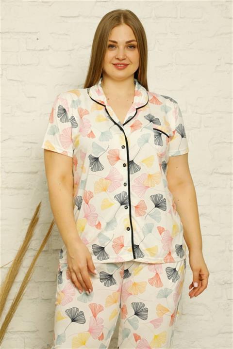 Moda Çizgi Kadın Pamuklu Cepli Kısa Kol Büyük Beden Pijama Takım 202125