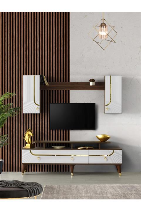 Venüs Zümrüt Askılı Ceviz Beyaz Duvar Tv Ünitesi