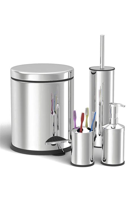 Alper Banyo Paslanmaz 3 Lt Çöp Kovası - Klozet Fırçası - Diş Fırçaslık - Sıvı Sabunluk Banyo Seti( Parlak )