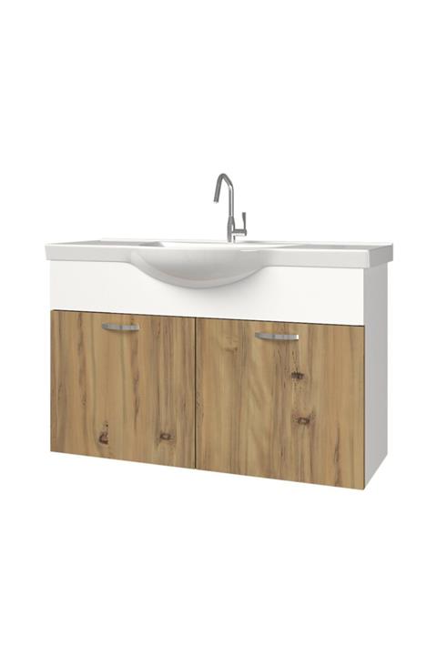 banos Ld2 Ayaksız 2 Kapaklı Lavabolu Ceviz Mdf 100 Cm Banyo Dolabı