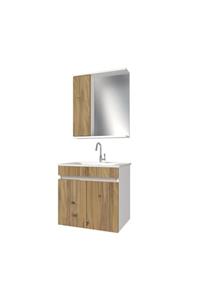 banos Kl7 Ayaksız 2 Kapaklı Lavabolu Ceviz Beyaz Mdf 65 Cm Banyo Dolabı Aynalı Üst Dolabı