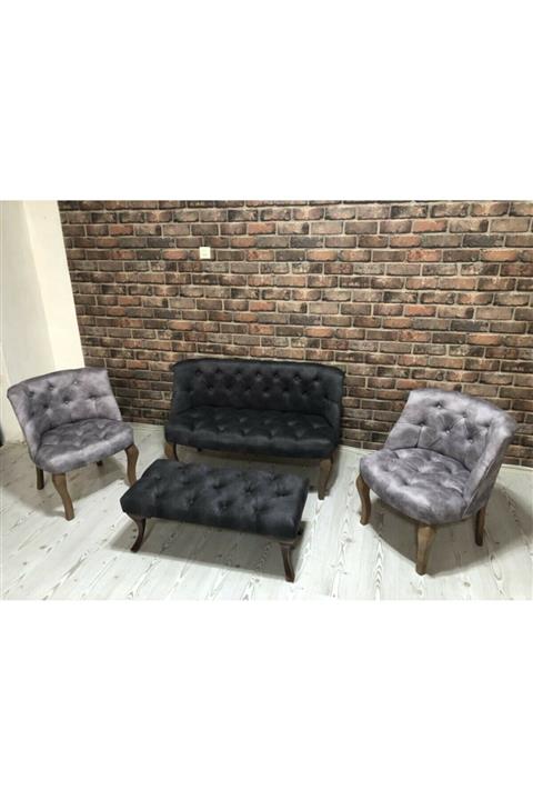 ElizzanMobilya Antrasit Gri Çay Seti Berjer Koltuk Takımı 2+1+1 Koltuk Ve Bench Bank