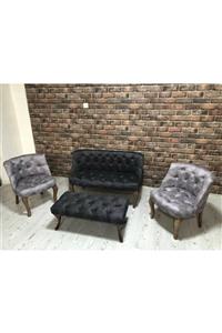 ElizzanMobilya Antrasit Gri Çay Seti Berjer Koltuk Takımı 2+1+1 Koltuk Ve Bench Bank
