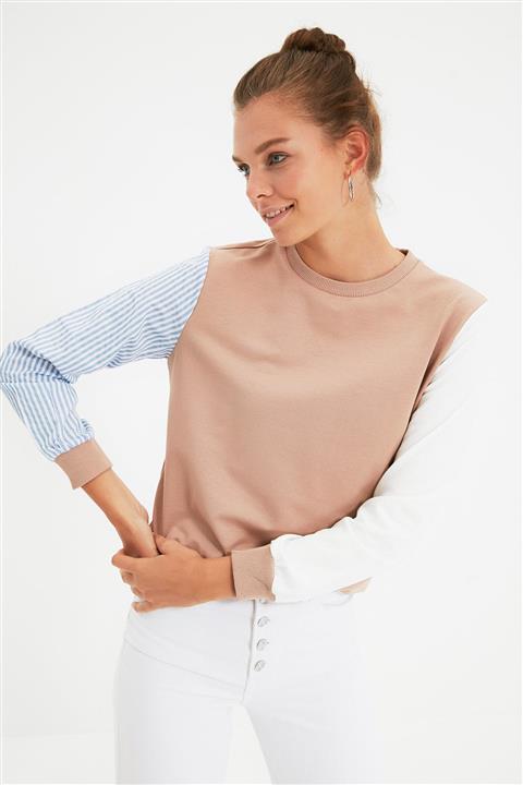 TRENDYOLMİLLA Camel Renk Bloklu Basic Örme İnce Sweatshirt TWOAW20SW0052