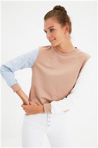 TRENDYOLMİLLA Camel Renk Bloklu Basic Örme İnce Sweatshirt TWOAW20SW0052