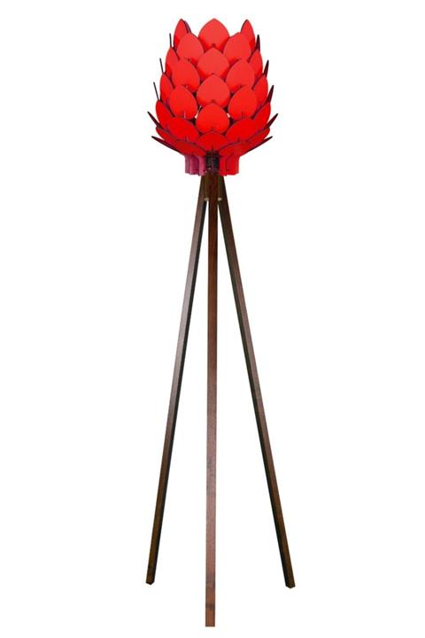 Modamonline Ahşap Lambader 3 Ayaklı Ahşap Abajur Dekoratif Lamba Kırmızı Başlık Kahve Ayak 3003