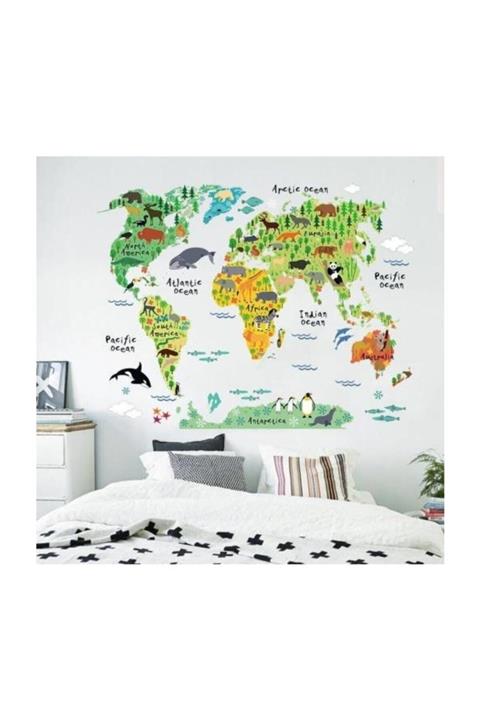 KT Decor Çocuk Odası Renkli Hayvanlı Eğitici Dünya Haritası Ev Duvar Sticker Pvc