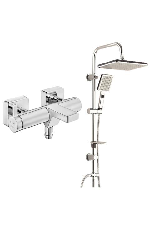 T MAY Purity Banyo Bataryası+t-may Banyo Sümbül Kare Tepe Duş Takımı Seti Paslanmaz Krom