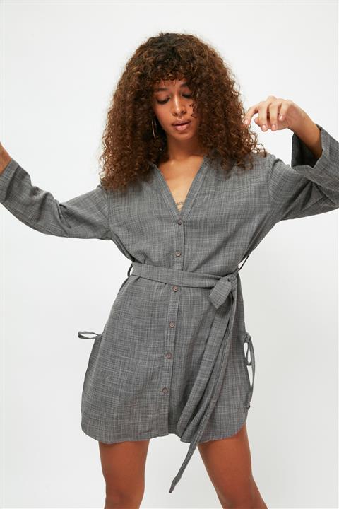 TRENDYOLMİLLA Antrasit Kuşaklı Plaj Gömlek Elbise  TBESS21GO1109