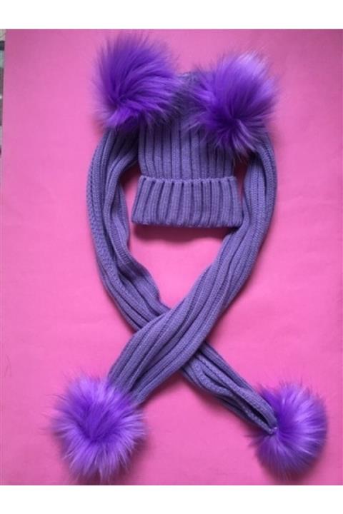 DABİSOCKS Kız Çocuk Mor Ponponlu Atkı Ve Bere Takımı