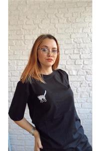 LAKLAKERS Unisex Siyah Huysuz Kedi Nakışlı Örme Oversize Spor Tshirt