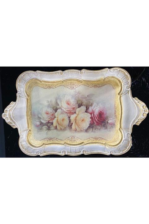 STANZA FURNITURE Gül Ağacı Dikdörtgen Tepsi El Boyaması Beyaz 37 22 cm