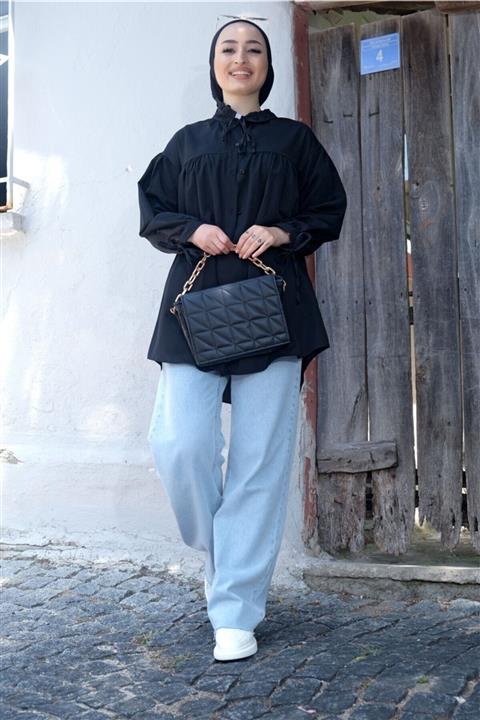 LOCCO Boyun Bagcıklı Kat Tesettur Gomlek Sıyah