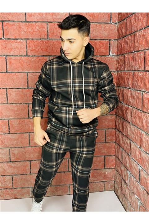 YAKAMEL Unisex Kahverengi Ekoseli Şardonlu Eşofman Takımı