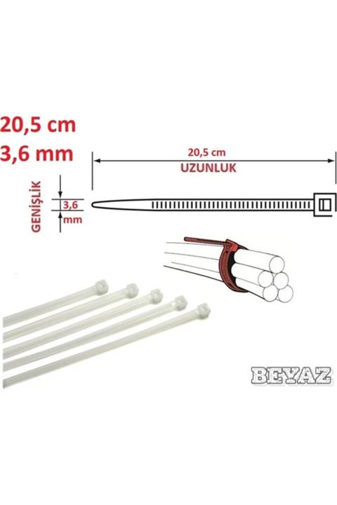 Pemsan (100 ADET) 20cm X 3,6mm Plastik Cırt Kelepçe Beyaz Kablo Bağı