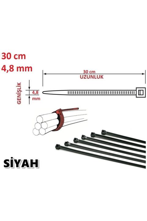 Pemsan (100 ADET) 30cm X 4,8mm Plastik Cırt Kelepçe ( Kablo Bağı ) Siyah