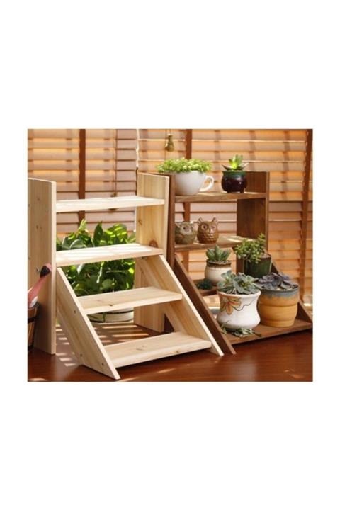 ÖzkeDekor Çok Amaçlı Dekoratif Ahşap Raflı Çiçek Saksı Rafı Standı Naturel Özke0045
