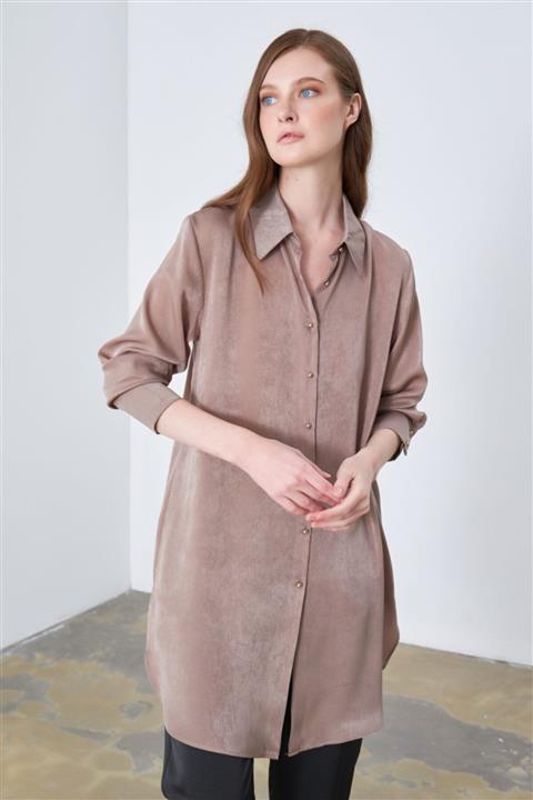 Gusto Uzun Saten Tunik - Vizon