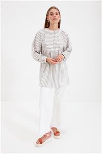 Trendyol Modest Gri Bisiklet Yaka Çizgili Düğme Detaylı Tesettür Tunik TCTSS21TN0422