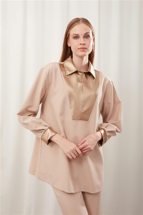 Mizalle Suni Deri Detaylı Bej Tunik