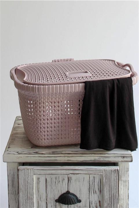 Arma House Pudra Rengi Örgü Desenli Kapaklı Çamaşır Sepeti 30 lt
