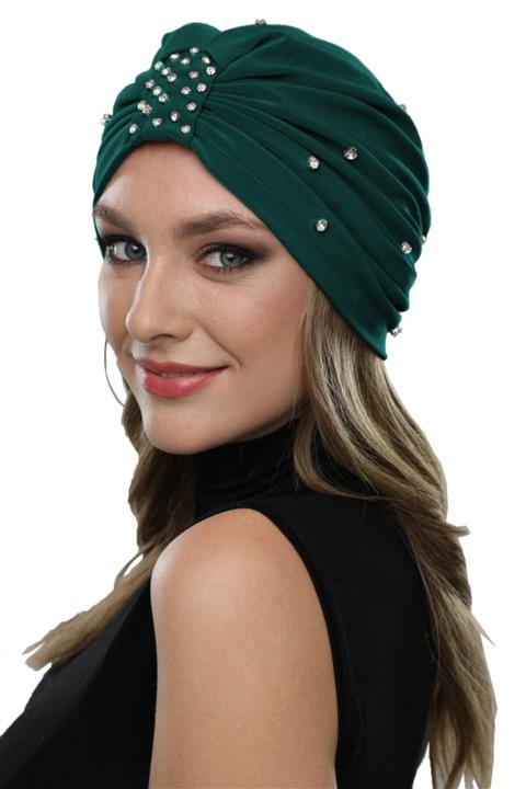 fidan bone Swarovskili Astarlı El Işi Swarovski Işlemeli Yeşil Hazır Türban Tesettür Bone