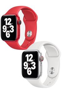 Apple Watch 1 2 3 4 5 6 Se 38 - 40 mm Klasik Spor Silikon Kordon Kırmızı Beyaz Set