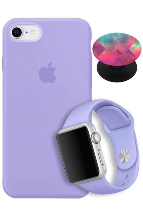 Apple Watch 6 38 Mm Uyumlu Silikon Kordon + Iphone 7 Lansman Logolu Lila Kılıf + Popsocket