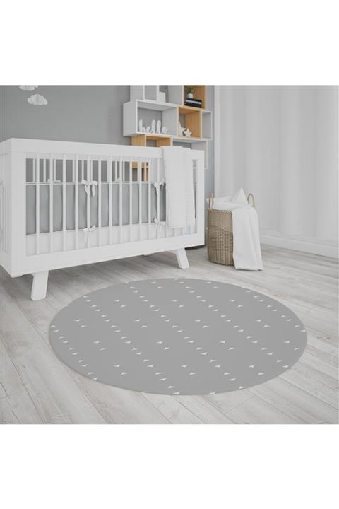 Jungle Geometrik Desenli Gri Yuvarlak Çocuk Odası Halısı