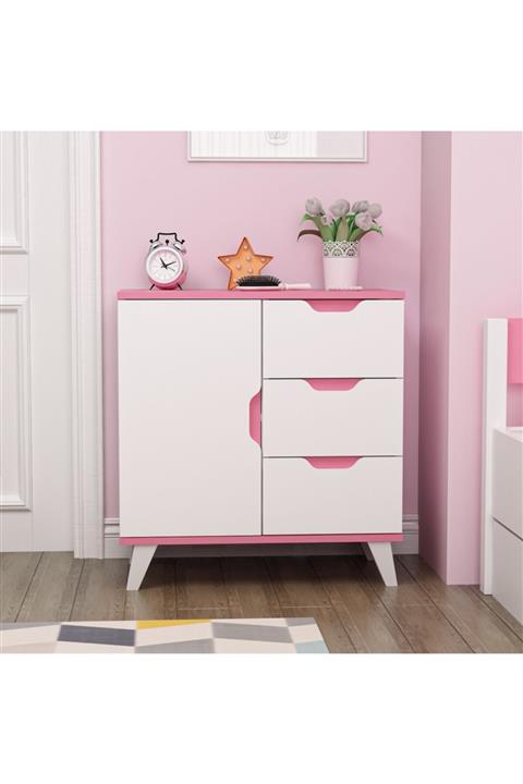 BMdekor Valencia 3 Çekmece 1 Kapak Beyaz Pembe Şifonyer