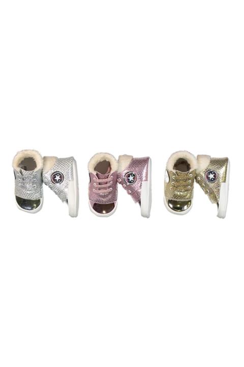 Pamily baby Bebek Gümüş Renk Aynalı Yıldızlı Peluş Yakalı Patik