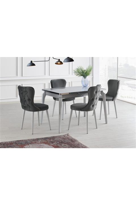 Evistro Ortadan Açılır Ahşap Salon Yemek Masası Gümüş 6 Adet Sandalye Tk.