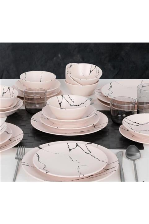 Keramika Mat Beyaz Mermer Desenli Yemek Takımı 24 Parça 6 Kişilik