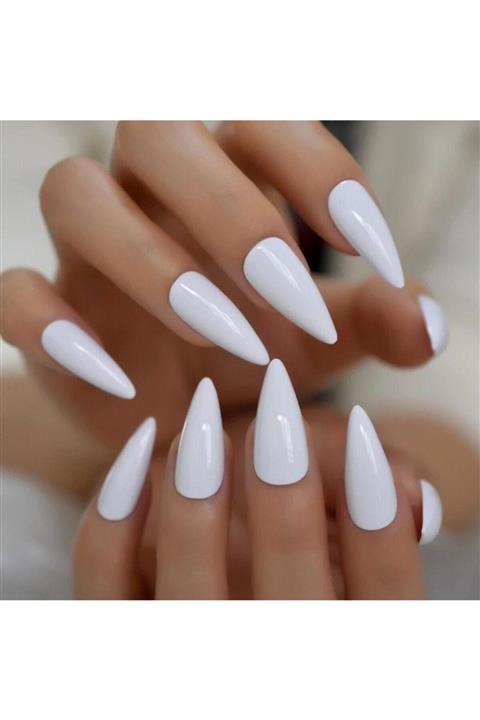 EDA LUXURY BEAUTY Beyaz Takma Tırnak Lüks Parlak Extra Uzun Sivri Uçlu Stiletto Nail Art Set