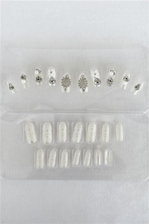 TAKIŞTIR 24'lü Beyaz Renk Taşlı Takma Tırnak