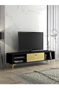 Wood'n Love Era Premium Gold Altıgen Desen Metal Ayaklı Metal Kapaklı Dolaplı Tv Ünitesi - Wood Siya