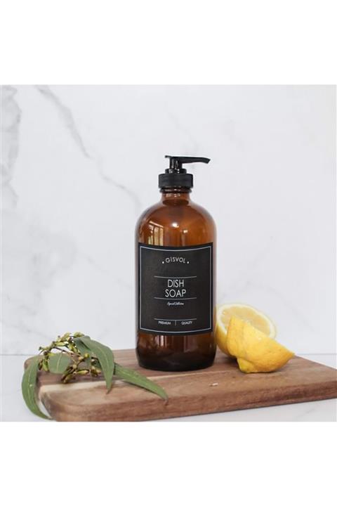 GİSVOL 500ml Amber Kahverengi Cam Şişe Dısh Soap Siyah Etiketli