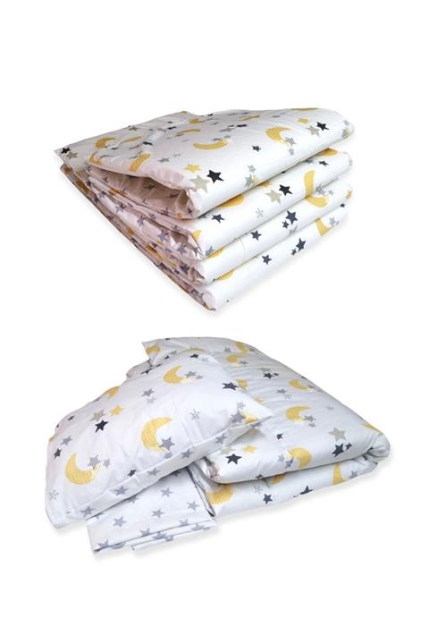 Bebek Özel %100 Pamuk 60x120 Mobilya Beşik Kenar Koruma Uyku Seti Sarı Ay Büyük Yıldızlı (7 Parça)