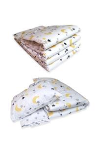 Bebek Özel %100 Pamuk 60x120 Mobilya Beşik Kenar Koruma Uyku Seti Sarı Ay Büyük Yıldızlı (7 Parça)