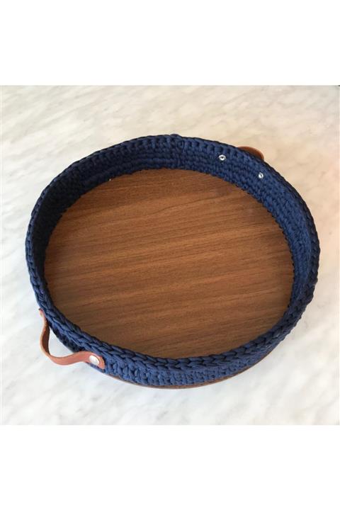 Layka Home Lacivert Penye El Örgüsü Ahşap Tabanlı Tepsi