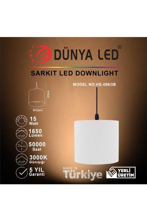 DÜNYA LED Hs.496/3-b 15w Sarkıt Led Downlıght Siyah Iç 3000k Günışığı