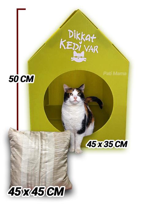Pati Mama Kedi Evi (büyük Boy 50x45x35 Cm) + Minder (45x45 Cm) - Kedi Kulübesi - Canlara Yuva - Sarı