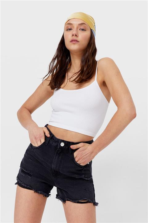 Stradivarius Kadın Koyu Gri Distressed Denim Şort