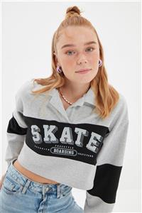 TRENDYOLMİLLA Gri Basic Baskılı ve Şardonlu Örme Sweatshirt TWOAW22SW1741