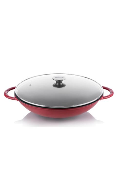 Silver Döküm Wok Tava 36 Cm Cam Kapaklı Bordo