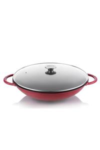 Silver Döküm Wok Tava 36 Cm Cam Kapaklı Bordo