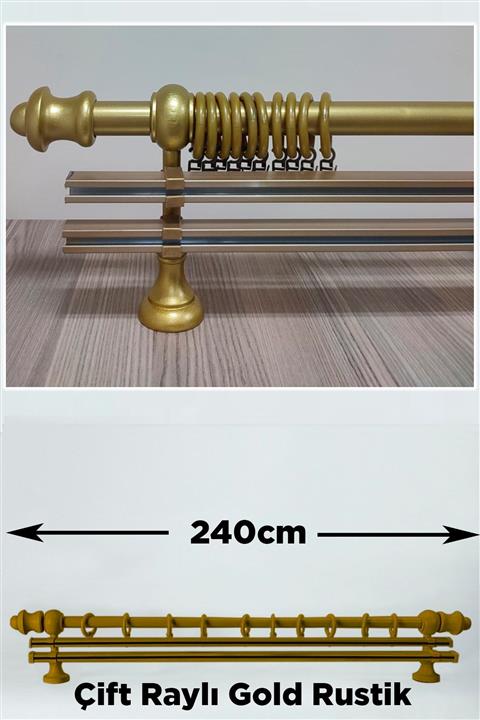 Helezoni Gold Renkli Ahşap Rustik Askısı Çift Raylı Takımı