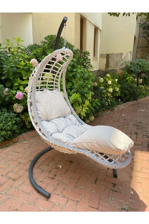 Mavedda Tek Kişilik El Örgüsü Rattan Bahçe Salıncağı Rest Gri Bahçe Balkon Salıncak Hamak